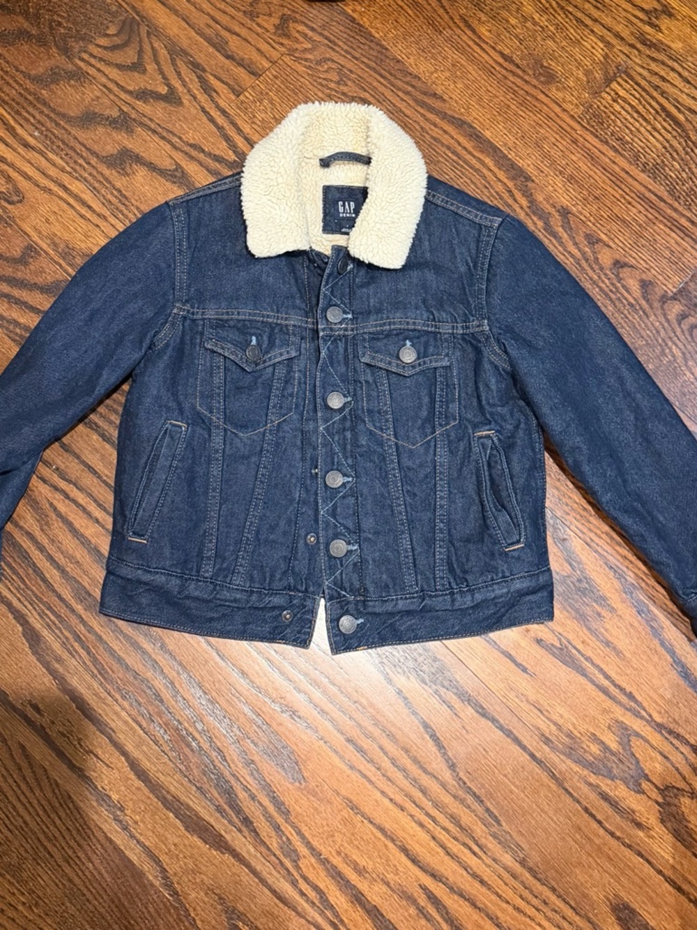 Kids GAP Dark Blue Denim Jacket with Cream Sherpa Collar - Size S